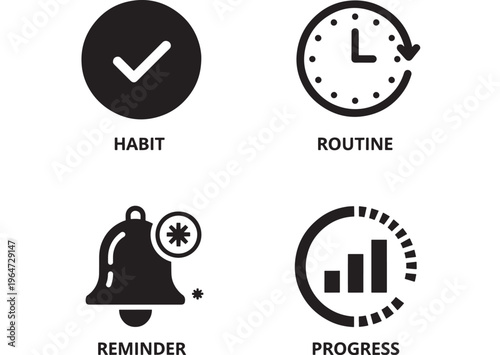 Icons set with habit tracker and routine schedule symbols in black featuring reminder, progress, white with vector and illustration elements for