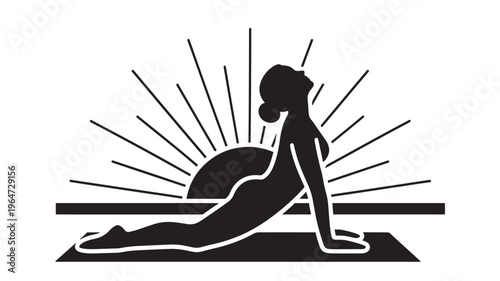 Woman doing cobra yoga pose in front of sunrise with rays featuring silhouette, black, white with illustration and vector elements for graphic,
