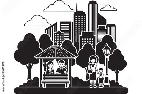 Park scene illustration with city skyline background and family featuring black, white, vector with graphic and clip art elements for urban, gazebo