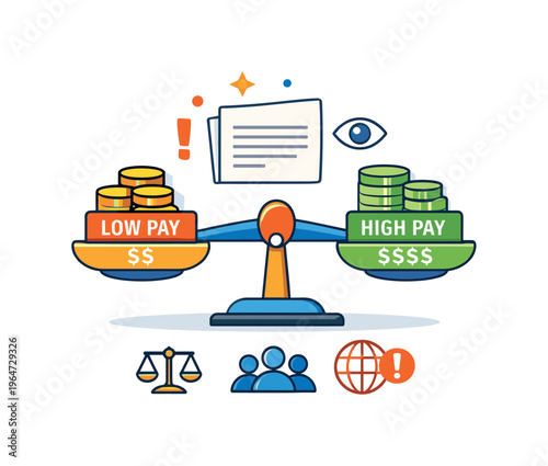 Pay band leaks fairness debate visualized by balanced scales weighing different pay ranges, conveying equity concerns, accountability and cultural impact.