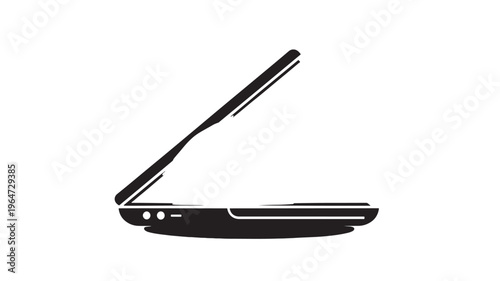 Flip phone silhouette with open lid and antennae up, black color on white background featuring icon, communication device, technology with