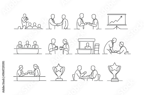 Entrepreneurial Event. Minimalistic set one-line drawing startup pitch on stage, speaker with microphone, audience in conference hall, networking handshake,