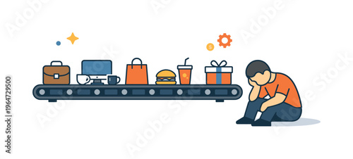 Late capitalism fatigue illustrated by a conveyor belt carrying identical work and consumption icons past a slumped figure, conveying monotony, overproduction,