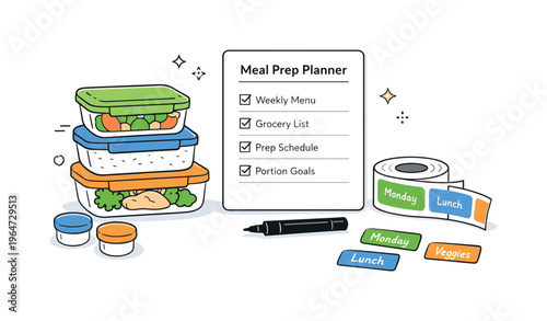 Meal prep organization objects. Containers, labels, and a planning checklist arranged in a tidy editorial scene. The illustration conveys readiness, clarity,