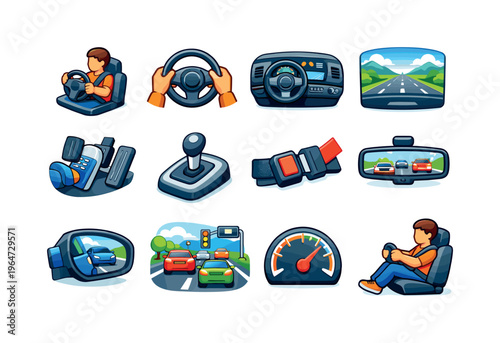Driving Car. Colorful isometric vector icons set of Driving Car: person driving car, steering wheel hands view, car dashboard interior, road ahead windshield