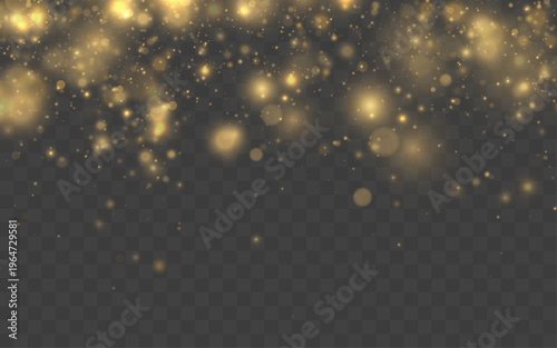 Bright golden particles cascade in soft waves. Light reflections enhance depth and texture. The scene evokes magic and celebration.