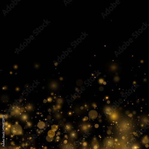 Golden particles sparkle in flowing light patterns. Subtle reflections enhance the dreamy glow. The image feels rich and festive.