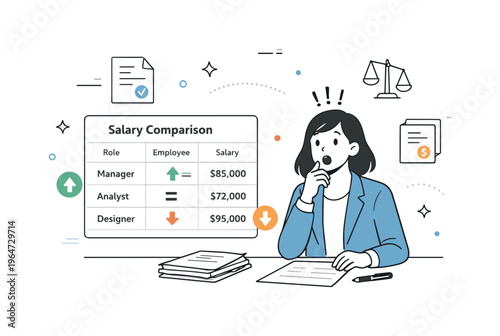 Salary transparency shock. A calm editorial scene of a professional looking surprised while reviewing a shared salary table on a screen. The mood feels