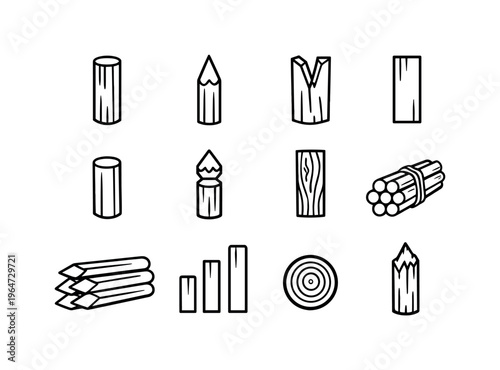 Wooden Stakes. Line icon set of Wooden Stakes: raw wood stake, sharpened stake, split wood stake, flat wooden stake, round wooden stake, carved stake end,