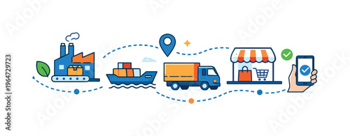 Supply chain transparency tech enabling clear product journeys from origin to delivery, shown through connected icons of factories, transport, and retail
