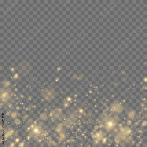 Golden sparkles drift slowly in a flowing haze. Warm glowing reflections add subtle beauty. The image feels dreamy and festive.