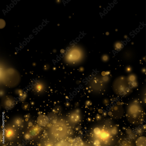 Soft golden bokeh lights float gently across the image. Sparkling particles enhance depth and texture. The scene feels warm and magical.