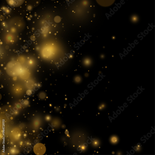 Glittering golden dust spreads in soft flowing motion. Light sparkles flicker across the scene. The composition feels luxurious and festive.