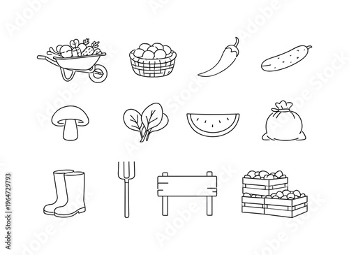 Organic Farm Market Collection. Minimalistic set one-line drawing wheelbarrow overflowing with fruits and vegetables, basket of oranges, chili