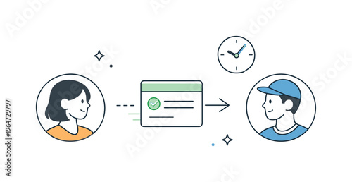 Task handoff between teammates. A task card moving from one profile avatar to another with a small clock icon nearby, symbolizing asynchronous work. The mood
