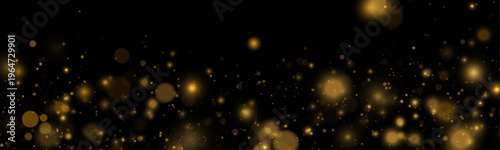 Sparkling glitter particles swirl in gentle motion. Warm bokeh lights enhance the luminous effect. The composition feels rich and festive.