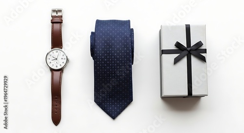Mens accessories watch tie and gift box on white background