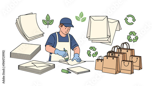 Crafting Paper Bags and Sustainable Future: A dedicated artisan meticulously crafts eco-friendly paper bags, surrounded by stacks of paper, green leaves, and recycling symbols.