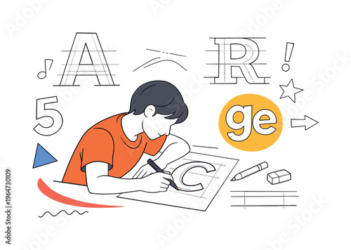 Hand-drawn typography process. Person sketching letters with a pen, unfinished characters and guidelines floating around. Feeling of craft, experimentation,