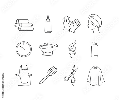 Perm Process and Salon Tools. Minimalistic set one-line drawing [perm rods, chemical bottle, protective gloves, towel wrap, timer clock, hair washing sink,