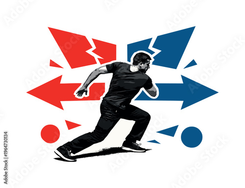 A black and white human figure caught mid-motion with a sharp turning pose, white cut-out outline around the body, abstract arrows and split geometric shapes