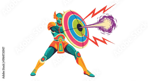 Vibrant warrior with shield and energy blast illustration