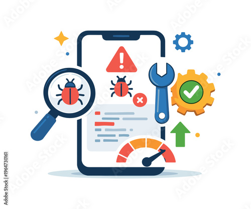 Mobile app testing and debugging illustrated through clarity and precision. A clean visual metaphor showing error fixing and optimization within a simplified