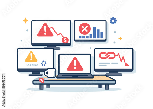 IT outage crisis room illustrated by multiple screens showing error symbols and graphs dipping downward, symbolizing system failure business impact and