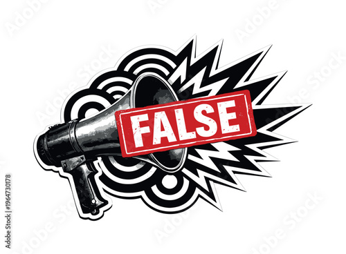 A monochrome vintage megaphone photographed in black and white, partially overlapped by a bold red rectangular stamp reading FALSE, abstract circles and sharp