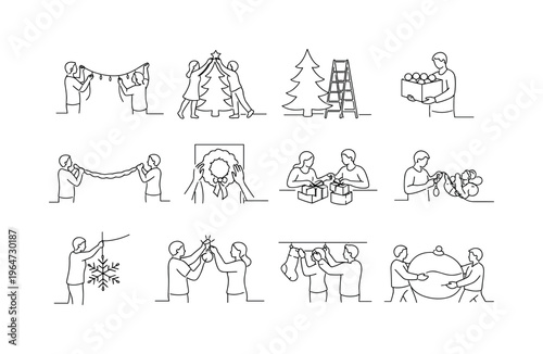 Team Holiday Decorating. Minimalistic set one-line drawing two people hanging string lights, friends placing star on tree, ladder beside holiday tree, person