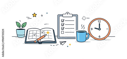 Prepared mindset. A calm workspace with planner, checklist, and clock, suggesting readiness for upcoming tasks. Quiet confidence with minimal