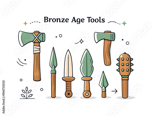 Bronze Age inventions. A small collection of early bronze tools laid out neatly, showing axes, blades, and simple weapons in a calm editorial composition. The