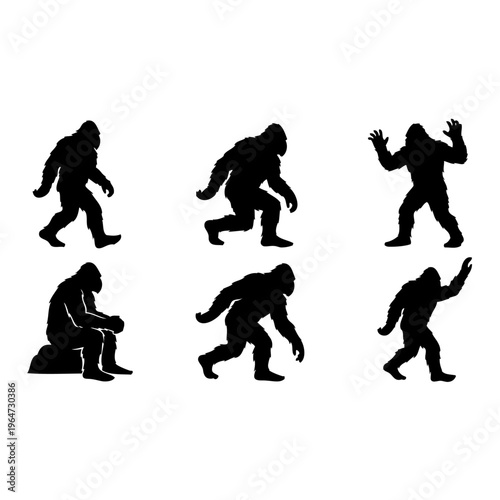 Bigfoot silhouettes in various poses on white background