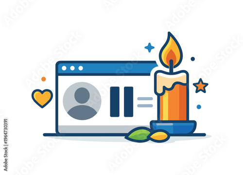 Memorialized accounts shown as a paused social profile framed by a candle icon, expressing tribute, stillness and collective memory. A calm editorial concept