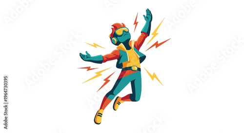 Energetic figure with lightning bolts illustration on white background