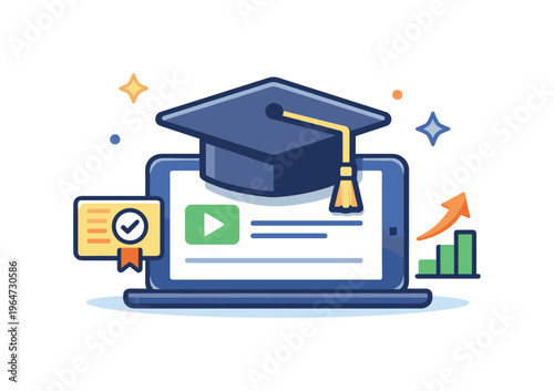 E learning course modules expressed by a graduation cap resting on a device screen with subtle sparkles, highlighting success, certification, and personal