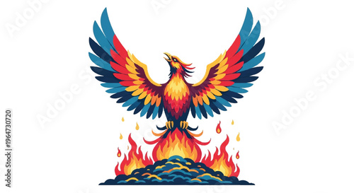 Stylized phoenix illustration soaring flames colorful wings