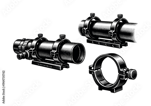 Telescope mounting collar detail. A realistic telescope represented as a single object in three different views, concentrating on the mounting ring, connection