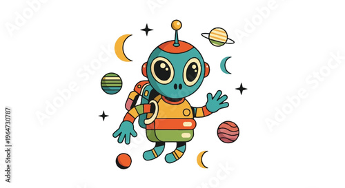 Cartoon alien character in space with planets and stars illustration
