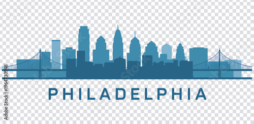 Vector illustration philadelphia city skyline with ben franklin bridge in blue silhouette
