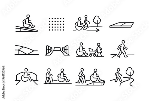 Accessible Sidewalk. Line icon set of Accessible Sidewalk: wheelchair ramp curb, tactile paving dots, accessibility route, smooth sidewalk surface, curb ramp