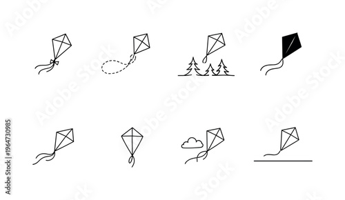 "Flying Kite Icons". Minimalistic set one-line drawing small kite with ribbon tail, kite in motion with dotted