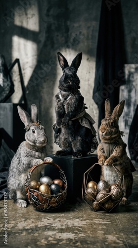 Adorn your Easter designs with this chic and artistic depiction of decorative rabbits featuring colorful eggs, perfect for celebrations and festive marketing campaigns.