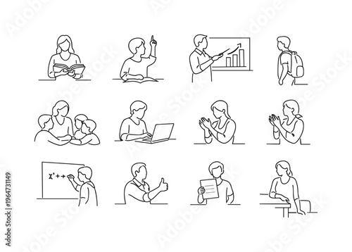 Classroom Learning Moments. Minimalistic set one-line drawing teacher with open book, student asking question, teacher at whiteboard with chart, student with