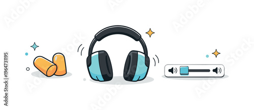 Sound reduction tools. Earplugs, noise-canceling headphones, and a small volume slider arranged neatly, showing practical ways to reduce sound. Clean and