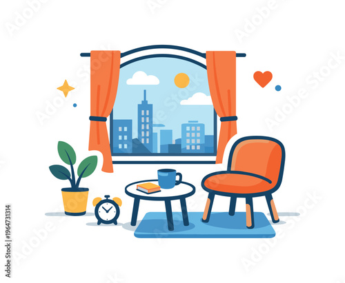 Minimal city lifestyle expressed by a cozy window scene with soft light, a chair, and minimal decor, suggesting calm personal space within a busy city. The