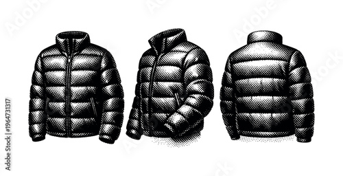 Puffer jacket, a realistic puffer jacket shown from front view, angled three-quarter view, and back view as three object views emphasizing quilted volume.