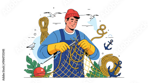 Fisherman Mending Net: A dedicated fisherman meticulously mends his fishing net, showcasing skill and precision in his craft, surrounded by nautical elements and the promise of the open sea.