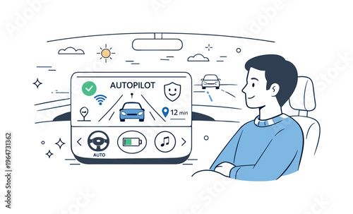 Human?machine interaction. A person calmly observing a dashboard while the car drives itself, with friendly interface elements and status icons. A scene about