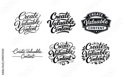 Create Valuable Content. Set lettering. harmonious lettering variations of the same emblematic concept, each with different artistic interpretation (Elegant